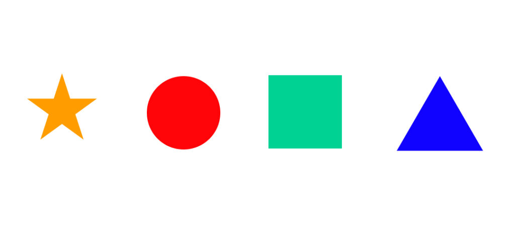 stella gialla. cerchio rosso, quadrato verde, triangolo blu